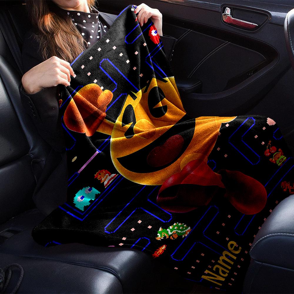 Custom Name Pac-Man Theme Printed Blanket - Perfect for Couch, Bed, Travel & Outdoor Use | Machine Washable, Cozy & Durable.