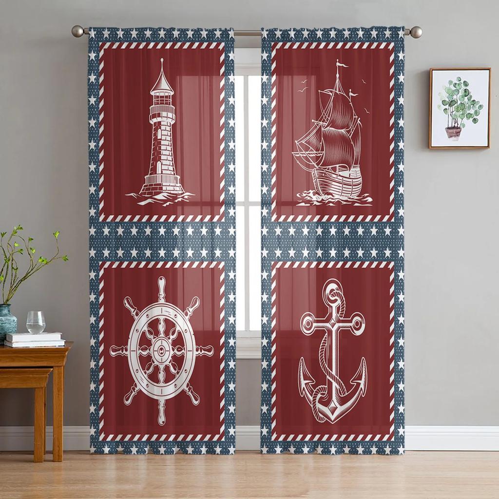 Sheer Watercolour Lighthouse Big Surf Seabird Curtains Living Room Bedroom Decoration Window Voiles Morning Tulle Curtain Polyester Washable Great