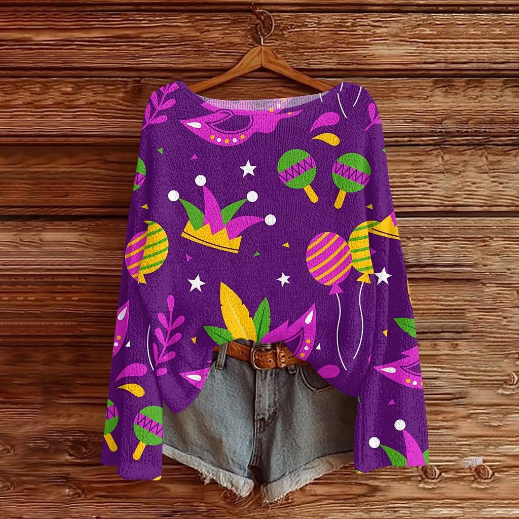Women's Fashion Round Neck Long Sleeve Print Casual Pullover Sweater Top