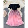 Fancy Special-Interest Design Contrast Color off-Shoulder Dress Summer Women's Clothing Small Mesh Cinched Princess Dress