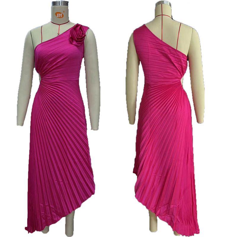 European and American Women Clothes New Solid Dress Fashion Sexy Sloping Shoulder Pleat Hollow Formal Dress