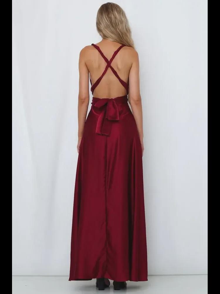 Europäisches und amerikanisches Abendkleid aus Satin mit tiefem V-Ausschnitt für Damen – eleganter, einfarbiger, langer Rock