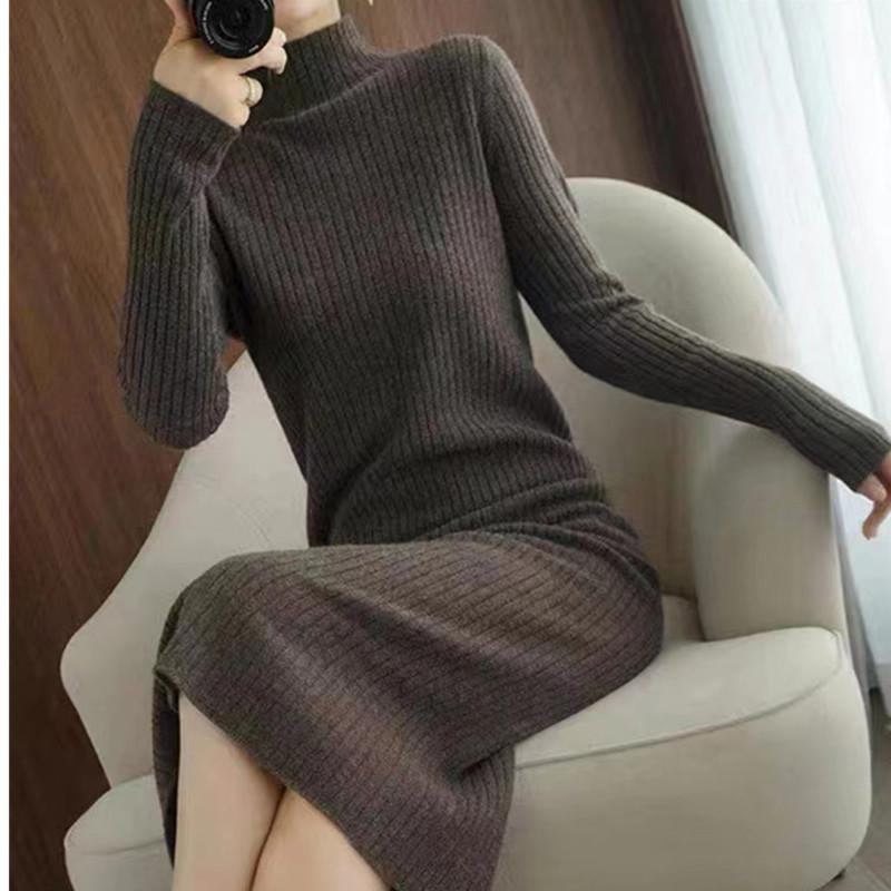 Autumn and Winter New Semi-turtleneck Solid Color Tight-fitting Sweater Dress Women's Long Slim-fitting Knitted Sweater