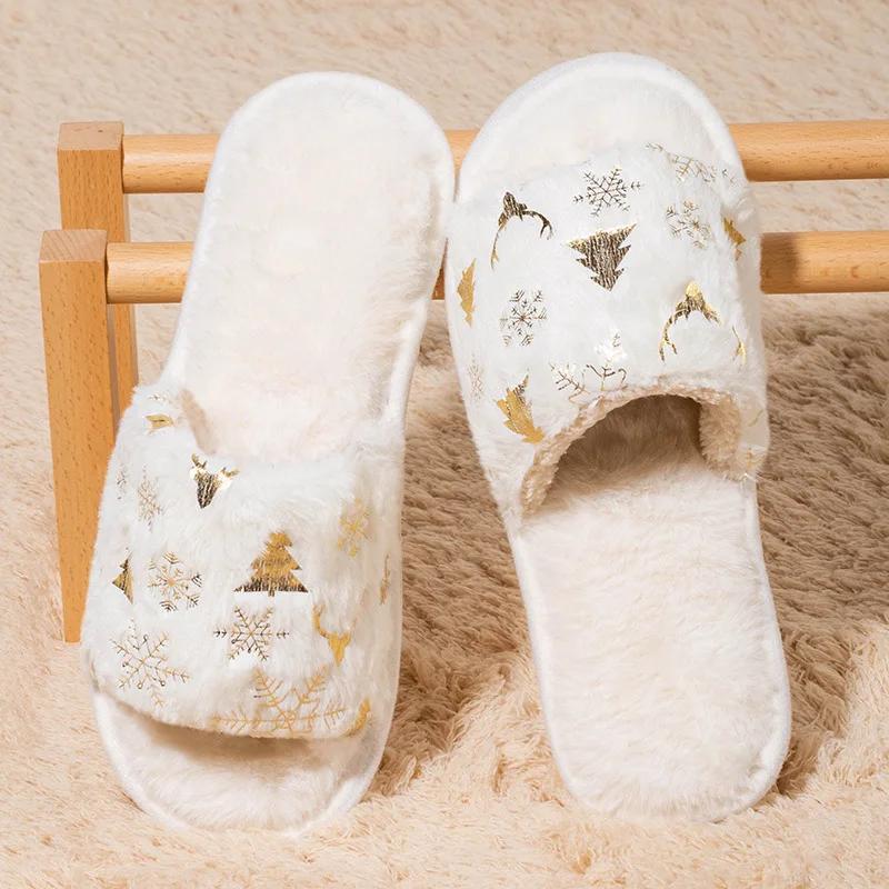 Fashion Women's Christmas Print Soft Fluffy Slippers Open Toe Non Slip Plush Slides Woman Winter Faux Fur Comfort Indoor Home Slippers