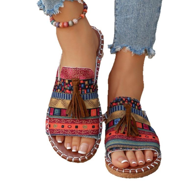 Women's Wide Width Bohemian Slides, Fringe Detail Flat Sandals, Outdoor Beach Slippers for Women