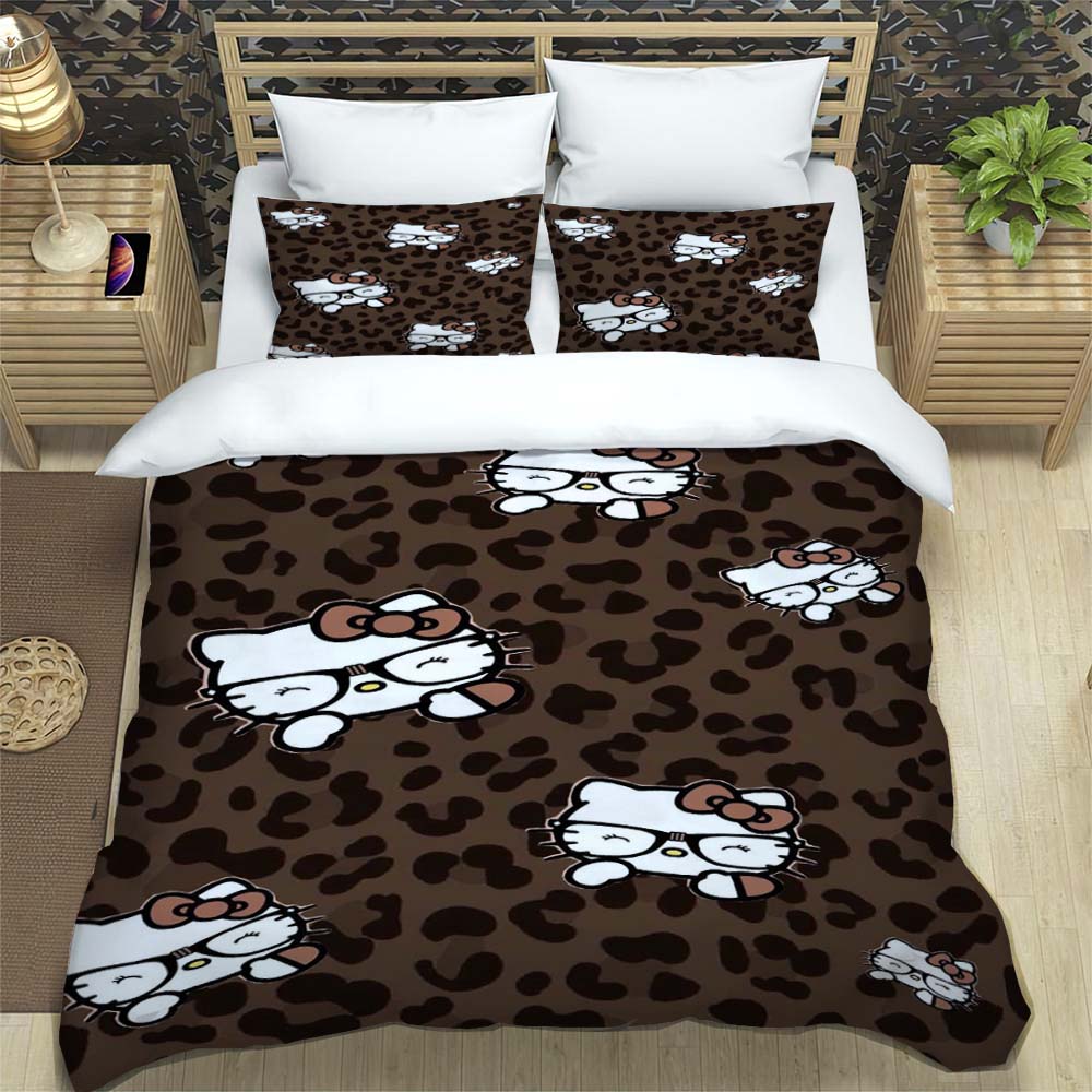 3D Printed Cartoon Leopard Print Hello Kitty Duvet Cover and Pillowcase Set - Home Decor, Creative Plus Size Bedding Set, 01