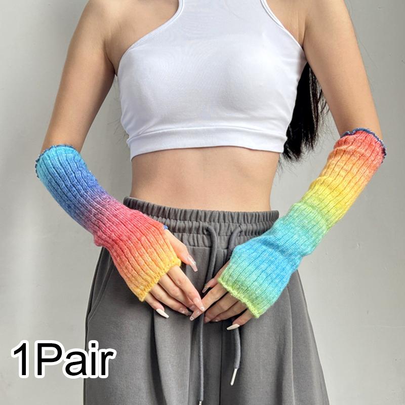 

1 пара вязаных шерстяных нарукавников градиентного цвета из акрилового волокна, без пальцев, модные ложные рукава, длинные перчатки до запястья синий/розовый