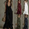 Boho Vintage V-Neck Short Sleeve Ruffle Casual Urban Dress for Women, European American Crossbody Summer Sundress