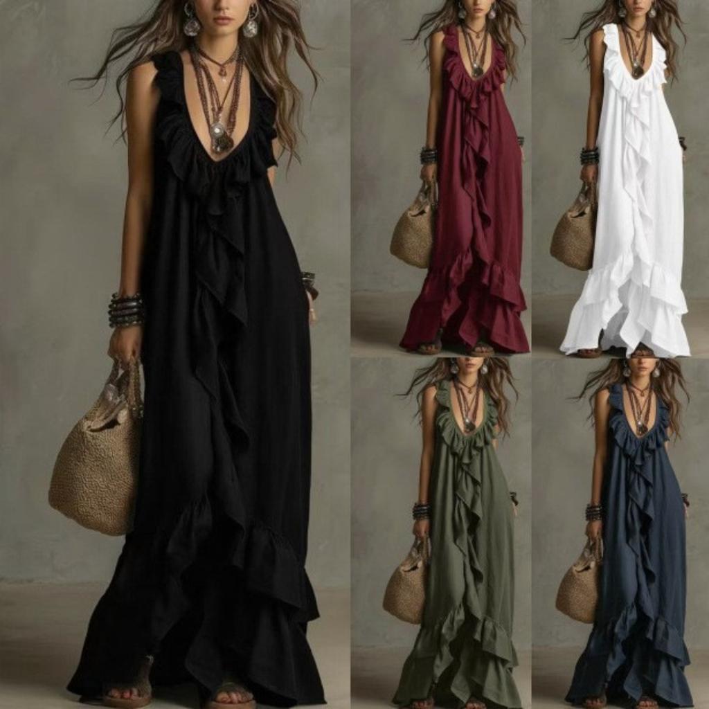 Boho Vintage V-Neck Short Sleeve Ruffle Casual Urban Dress for Women, European American Crossbody Summer Sundress