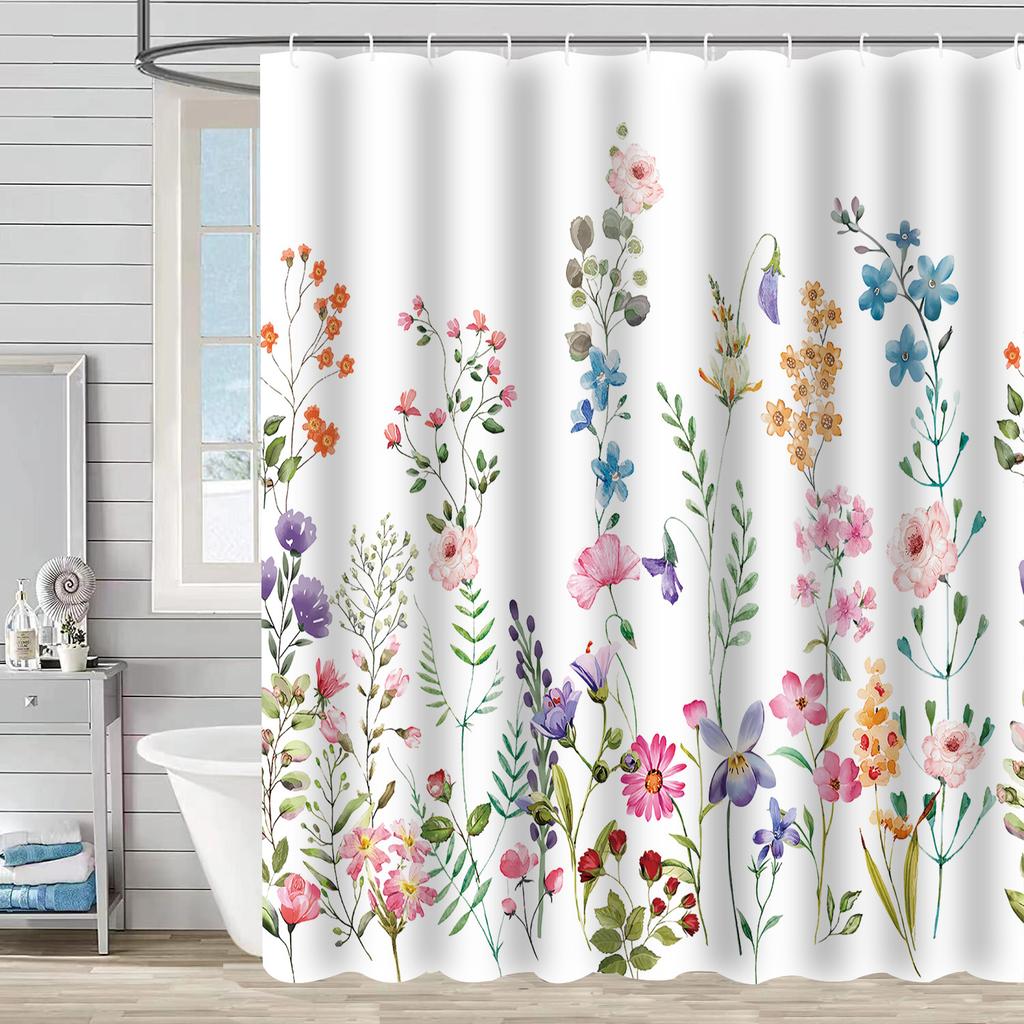 Green Plant Waterproof and Mildew-proof Polyester Bathroom Shower Curtain Shower Curtain Partition Curtain Free of Punching