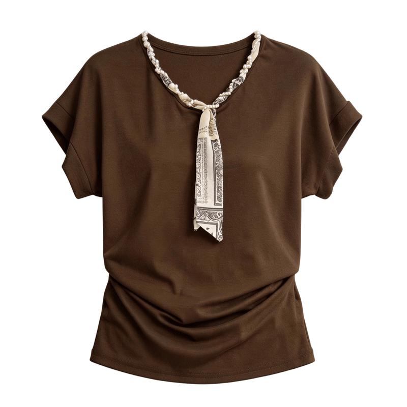 La Chapelle Women s Korean Style Silk Scarf Patchwork Short Sleeve T-Shirt M