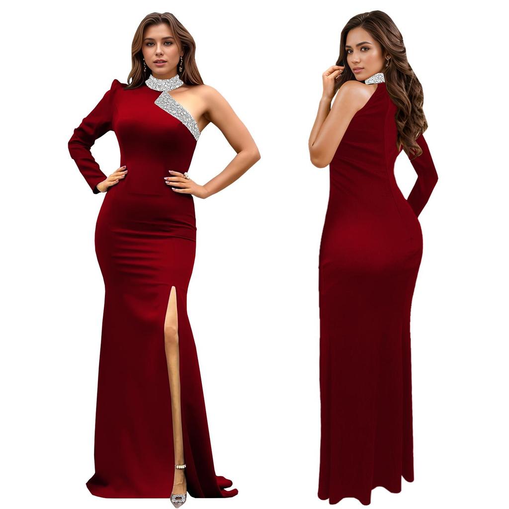 C7268 Women's Off-the-Shoulder Rhinestone Split-Front Dress - New Fashion Europe America