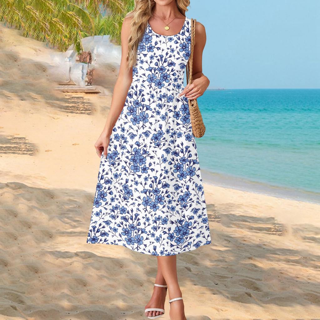 Fashionable Women's Summer Dress with Gradient Print, Elegant Casual Wear, Beach Vacation Sun Skirt with Pocket