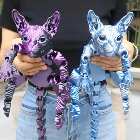 Kloubová bezsrstá kočka 3D tištěná figurka kočky Sphynx Flexibilní kočka Úleva od stresu Stolní mazlíček Fidget hračka Domácí kancelářská dekorace pro milovníka a sběratele koček
