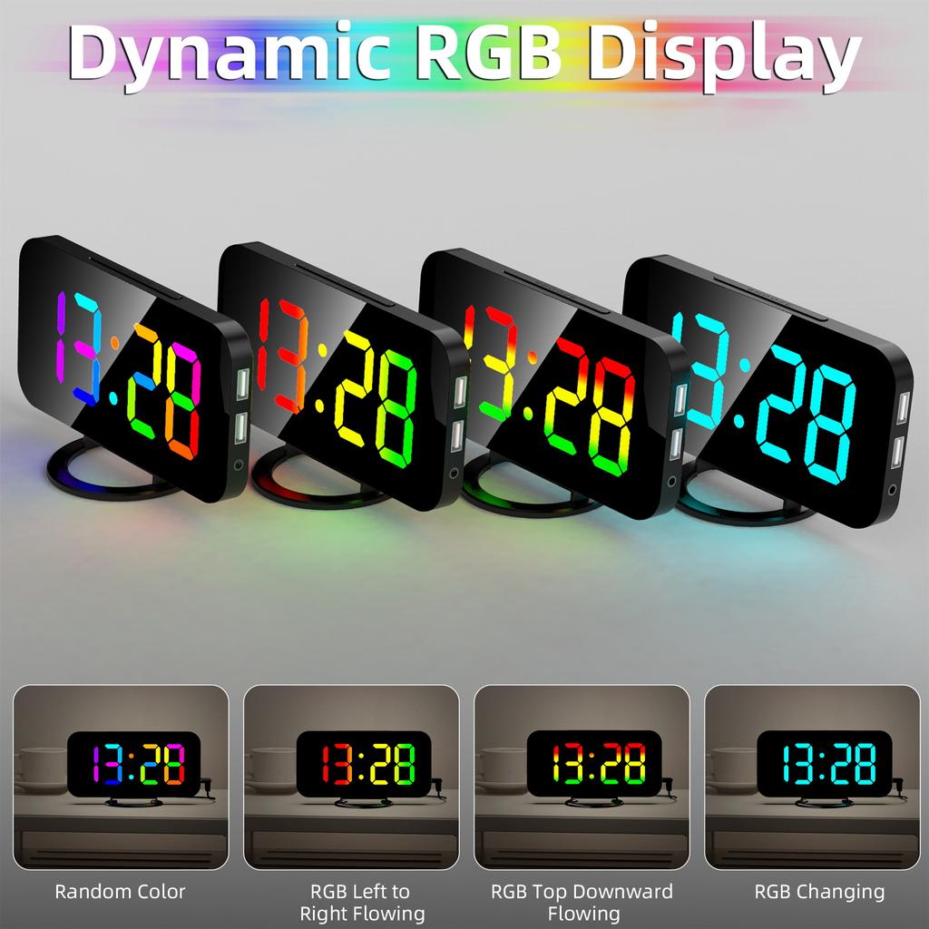Digital Alarm Clock with Dynamic RGB Light Dimmable Brightness   Snooze Function USB   Port Mirror Clock 12HCelsius24H for Bedroom Home