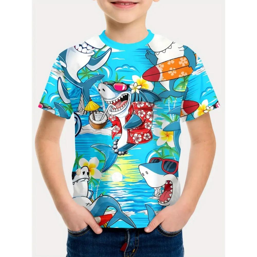 Summer Kids' T-Shirt Cartoon Shark Fishing Boy Casual Cool Round Neck Fashion Top