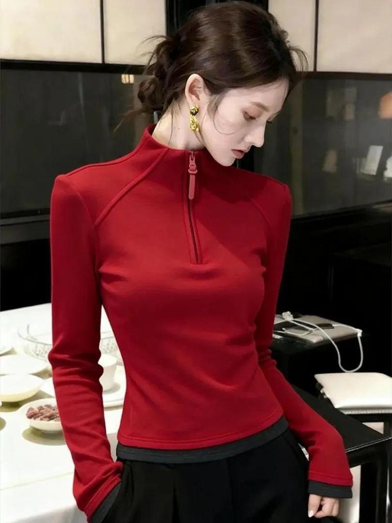 2026 Autumn/Winter Women's Korean Style Stand Collar Half-Zip Loose Slimming Base Layer T-Shirt
