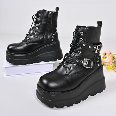 Neues Design Damen Punk Gothic Motorradstiefel Plateau Klobiger Hoher Absatz Stiefeletten Damen Cool Keilabsatz Schwarz Damenschuhe