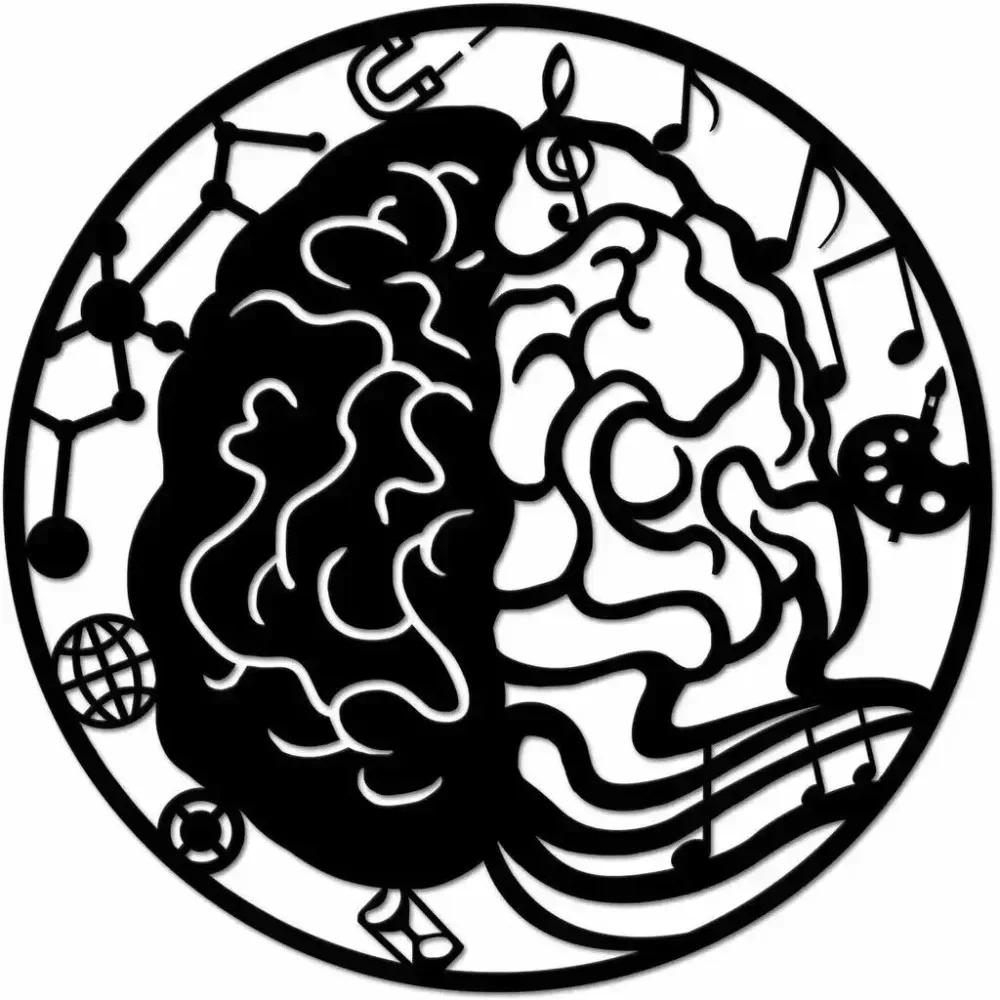 1pc Left and Right Brain Science Metal Wall Art Round 24" Black Iron Sculpture Decor Modern Home Wall Room Decoration