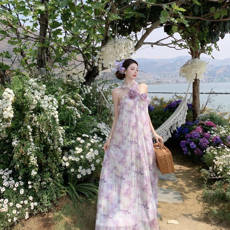 Romantic Seaside Vacation Dress Three-dimensional Flower Purple Floral Dress Halter Neck Beach Dress Long Dress