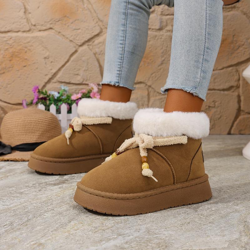Damen Schneestiefel Runde Zehenpartie Plateausohle Schmetterlingsknoten Schnürung Perlen Baumwollstiefel Freizeit Allround Winterstiefel mit Fellfutter