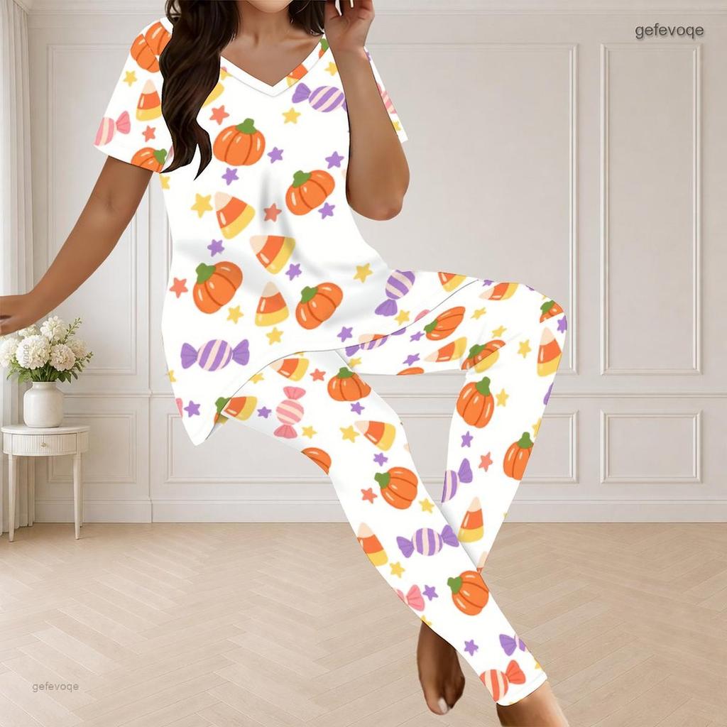 Women Plus Size V Neck Short Sleeve Pajama Set Pumpkin Bat Bow Print White Loungewear