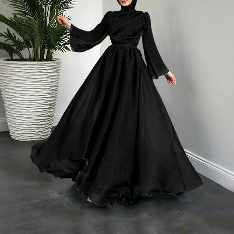 ZANZEA Women Casual Stand Collar Long Sleeve Looose Elegant Maxi Long Dress M чёрный