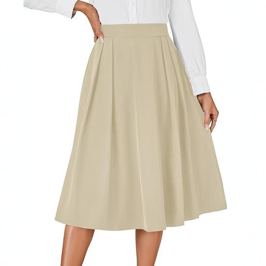 Women's Retro High-waisted Pleated Back Tie Flared A-line Midi Skirt