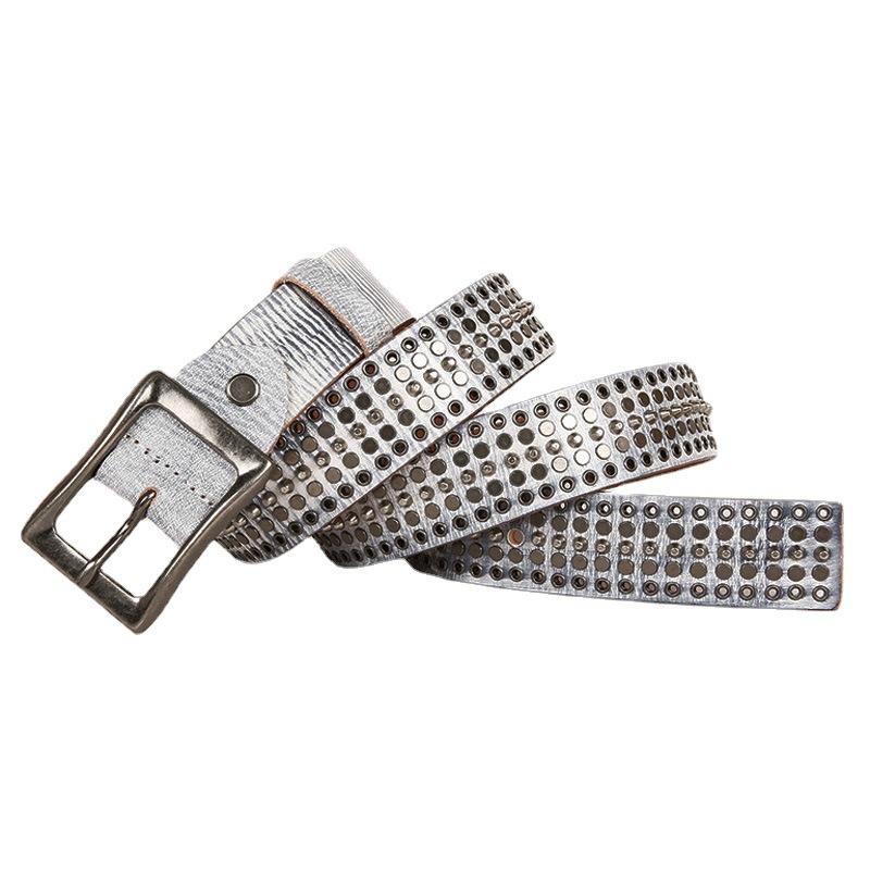 3,4 cm Echtes Leder Cowboy Gürtelschnalle Vintage Metall Niete Punk Gürtel Für Männer Kreuz Rock Jeans Gürtel Ceinture Homme Bronze 110cm gray