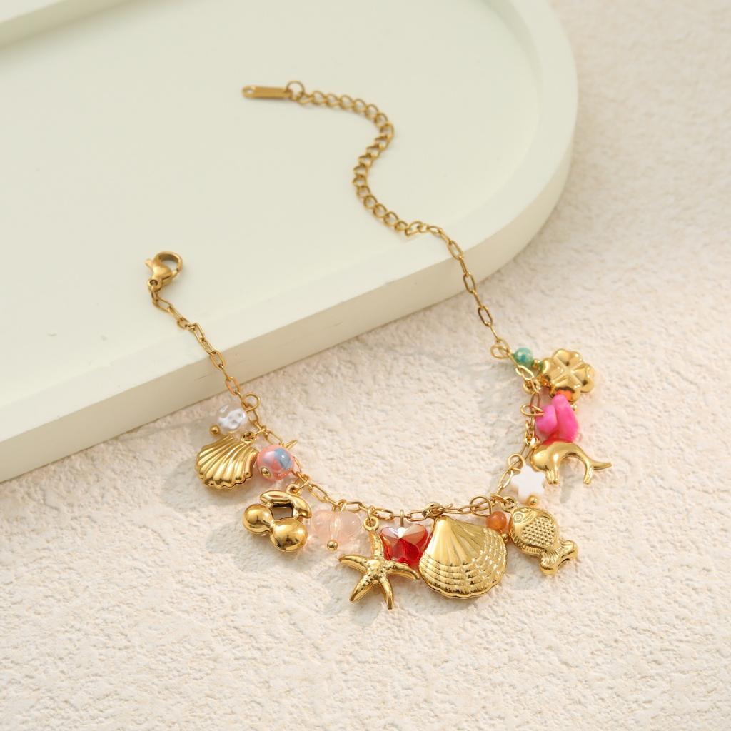 GEMCHIC Women's Ocean Style Shell Starfish Seahorse Bracelet Necklace Set Gold Plated Titanium Steel Jewelry