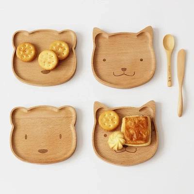 Piatto da cena in legno a forma di gatto e orso dei cartoni animati, stoviglie in legno di faggio, piatto da portata per frutta e dessert, decorazione da tavolo retrò per la cucina, piatti per snack