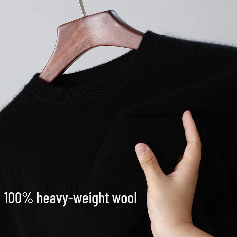 Men's 100% Wool Round Neck Loose Casual Sweater - Thickened Long Sleeve Knitwear