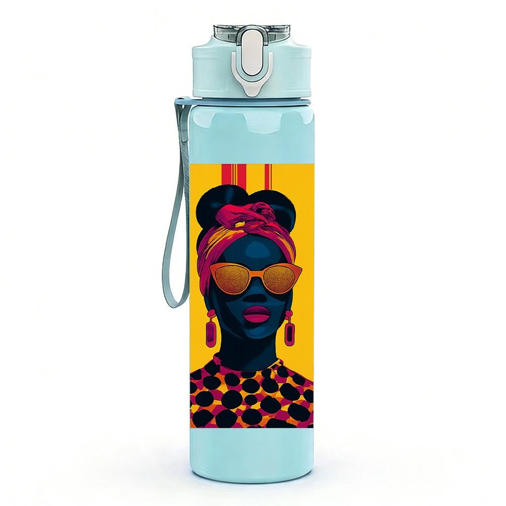 1PC Three Black Women Ethnic Art Print 750ml Color Plastic Sports Water Bottle Leakproof Flip Straw Lid Suitable for Sports Office Home Use