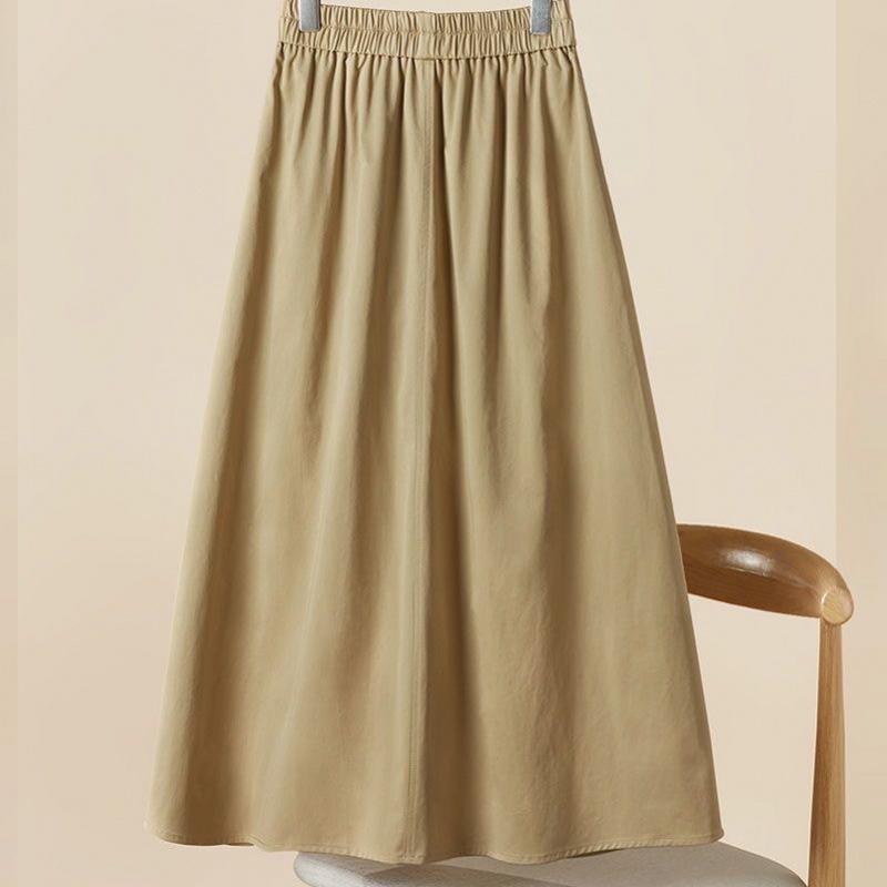 Women's Elastic High Waist A-Line Midi Skirt Loose Fit Casual Cotton Skirt with Pockets