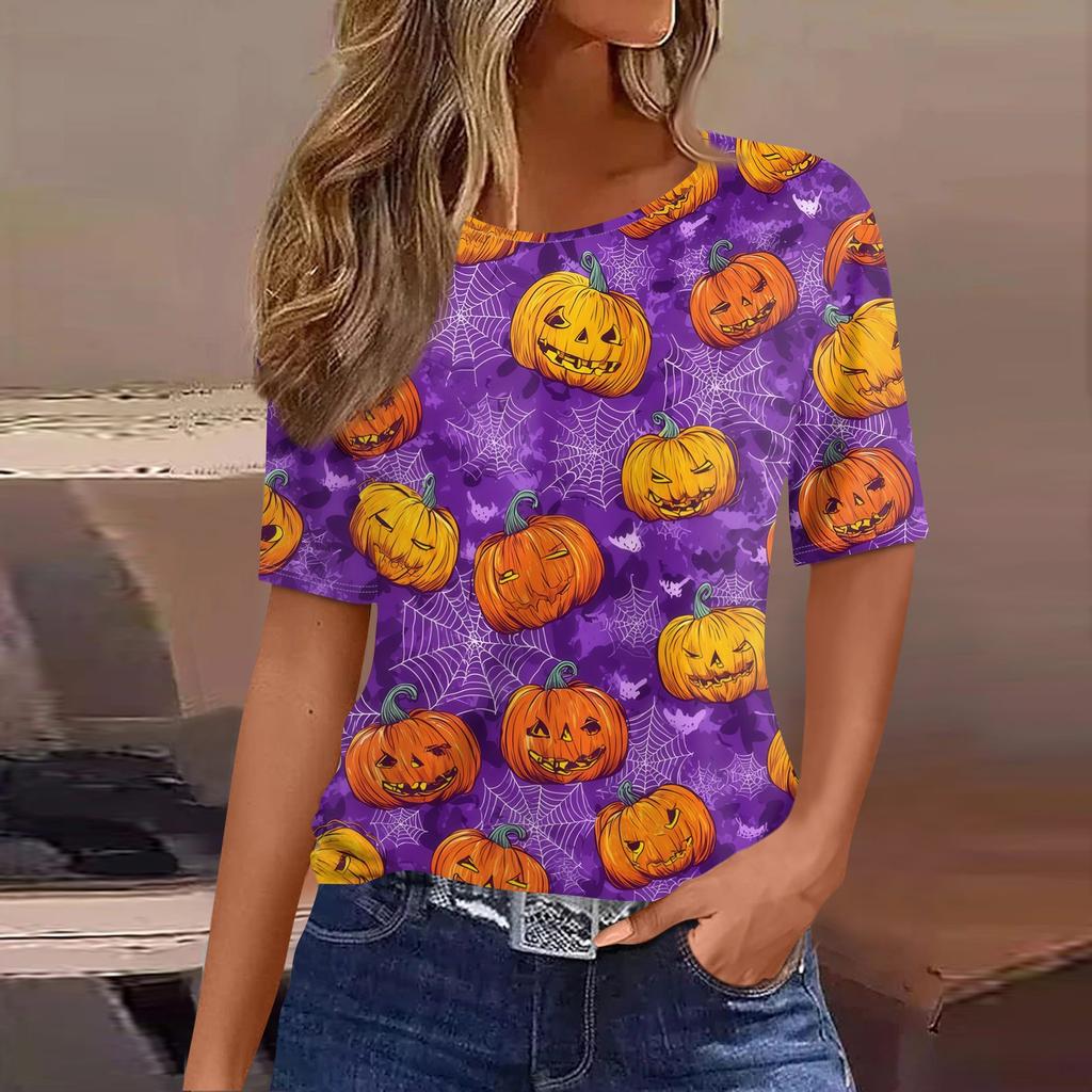 Women's Casual Halloween Short Sleeve Pullover Top Bat Pumpkin Print Round Neck Relaxed Fit Shirt for Fall