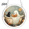 Transparent Halloween Wall Decor Acrylic Suncatcher Jigsaw Puzzle Set, Spooky Ghost Floral Meadow Window Hanging Ornament with Metal Cheerful Frame &