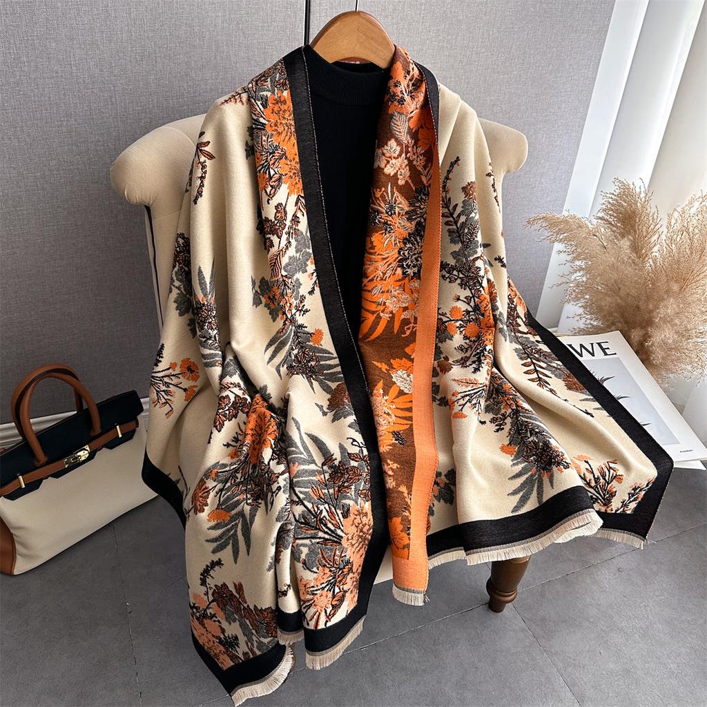 Fashion Floral Winter Warm Cashmere Shawl Scarf Women Oil Painting Print Pashmina Thick Scarves Wrap Femal Poncho Echarpe