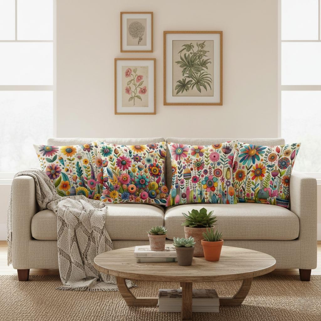 4Pcs Colorful Hand Drawn Flower Art Printed Pillow Cover Polyester Cushion Case 2D Flat Printing Pillowcase Boho Fun Vibe