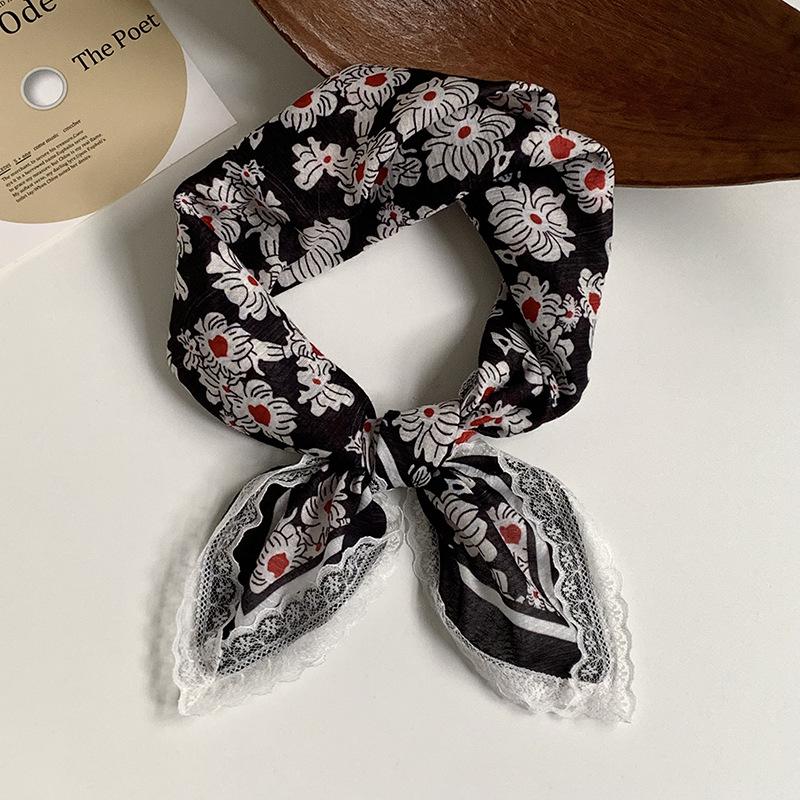 Silk scarf neck small square scarf new multi-color versatile headscarf summer women's pastoral lace headband hair accessories decorative small scarf