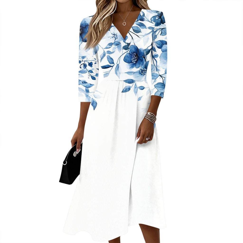 Women's Gradient Casual 3/4 Sleeve V-Neck Dress with Back Zipper for Everyday Wear