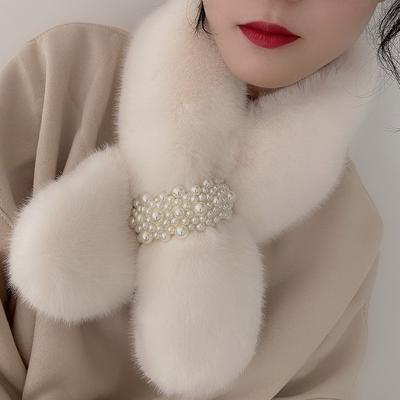 Scarve Female Autumn And Winter Pearl Hair Plush Scarve Imitation Otter Rabbit Hair Warm Thickened Pearl Buckle Cross Peplum Women's Scarve