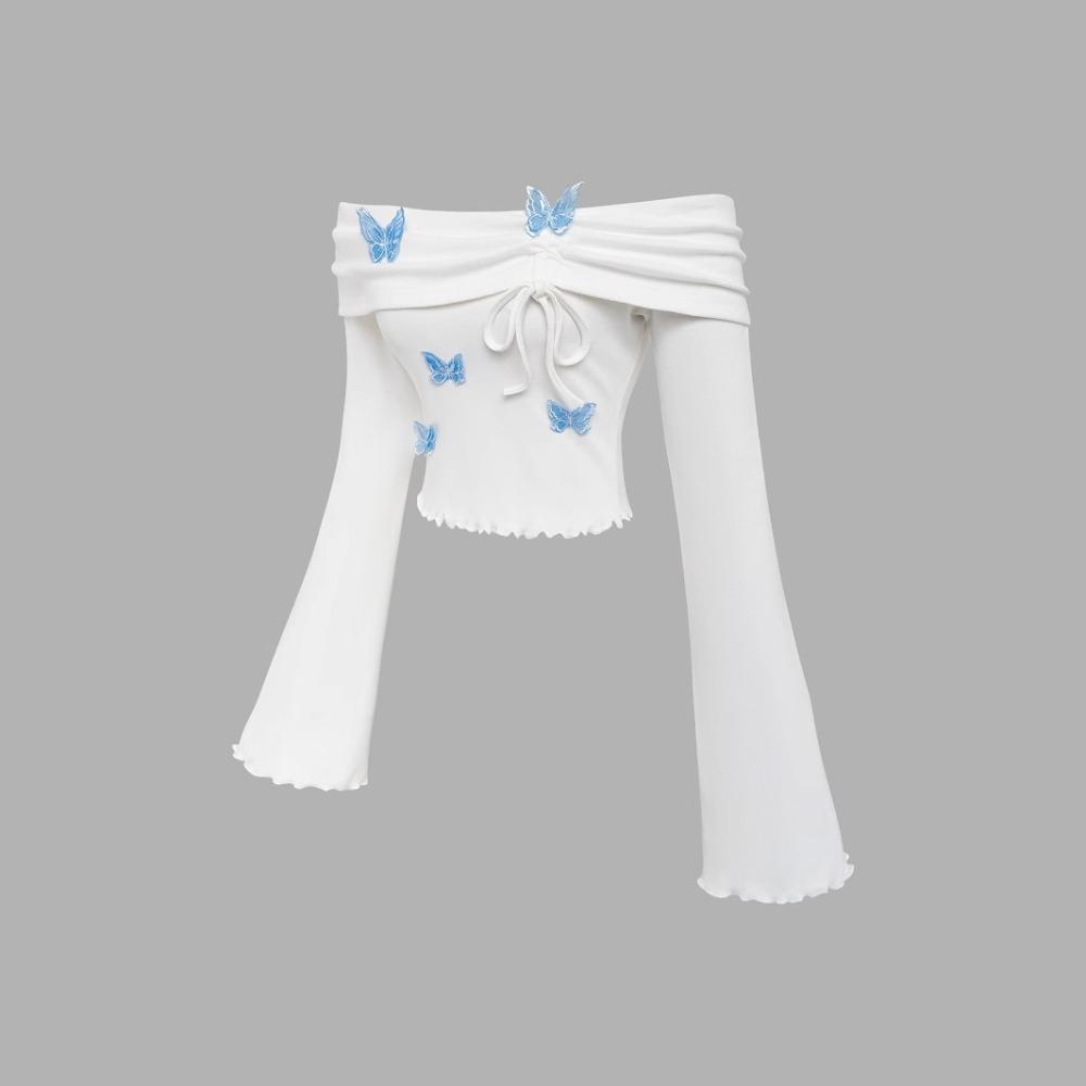Summer Women's White Off-the-shoulder Flared Sleeve T-shirt, Cute Blue Butterfly Long-sleeved Women's Top
