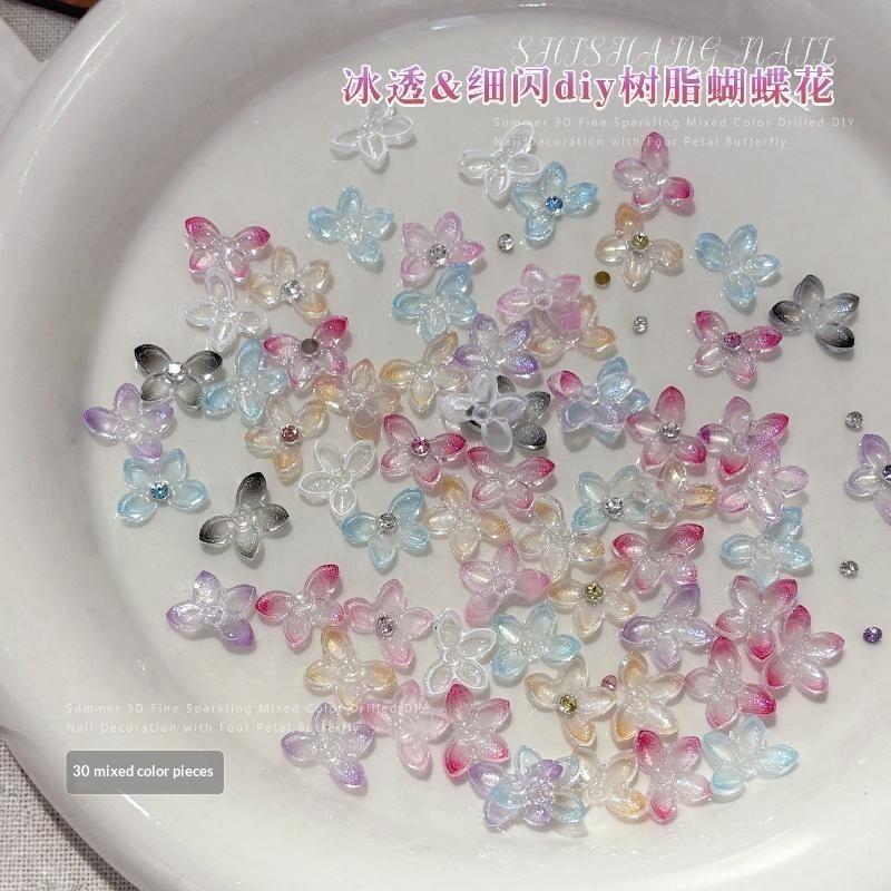 30 Pcs 3D Glitter Resin Butterfly Flower Nail Charms Decor With Shiny Rhinestone Center For Diy Nail Art And Nail Salon Use