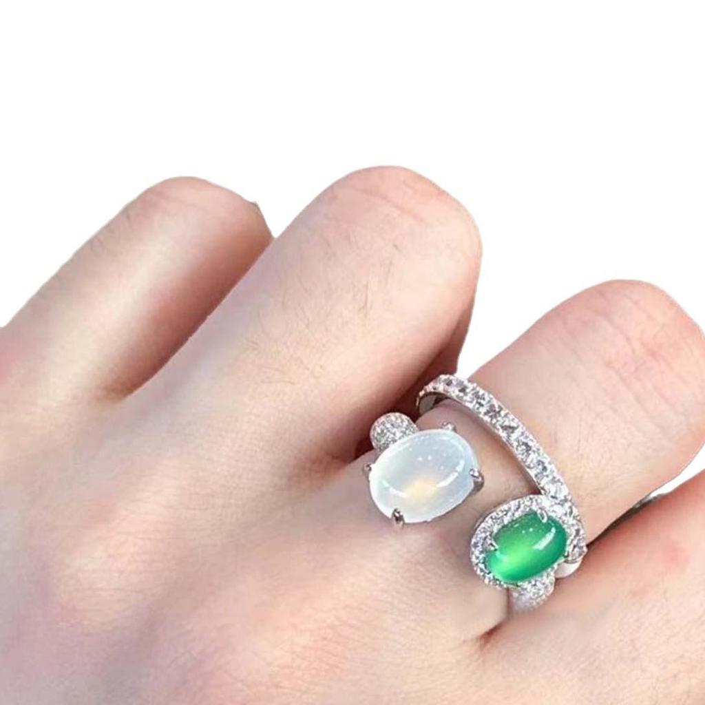 Vintage Light Luxury White and Green Chalcedony Cabochon Ring with Diamonds - National Tide New Chinese Style.