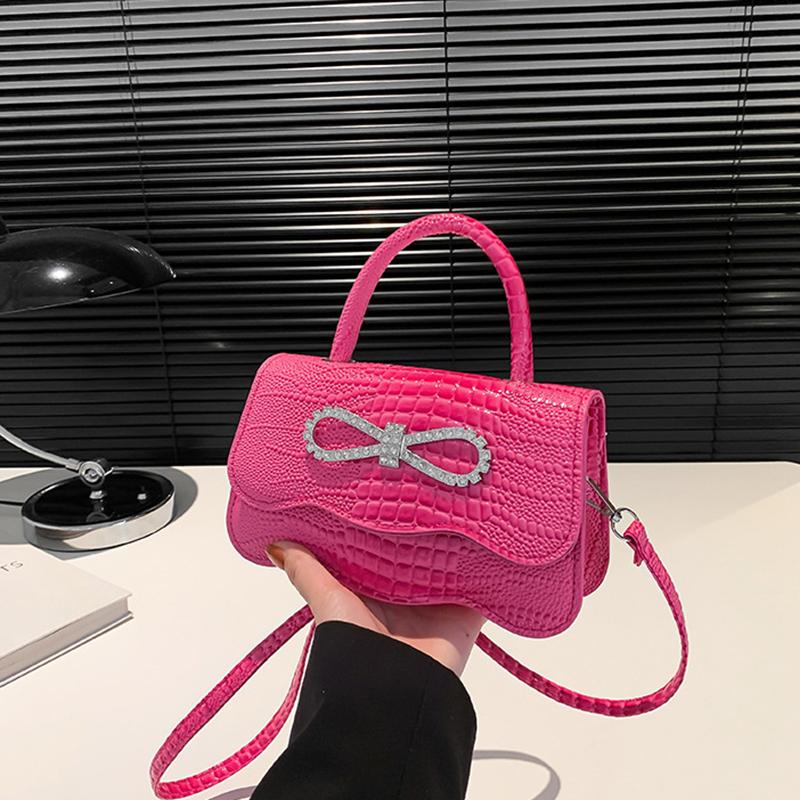 PU Leather Alligator Pattern Small Square Handbag Bow Design Women's Solid Color Fashion Shoulder Crossbody Bag AVE