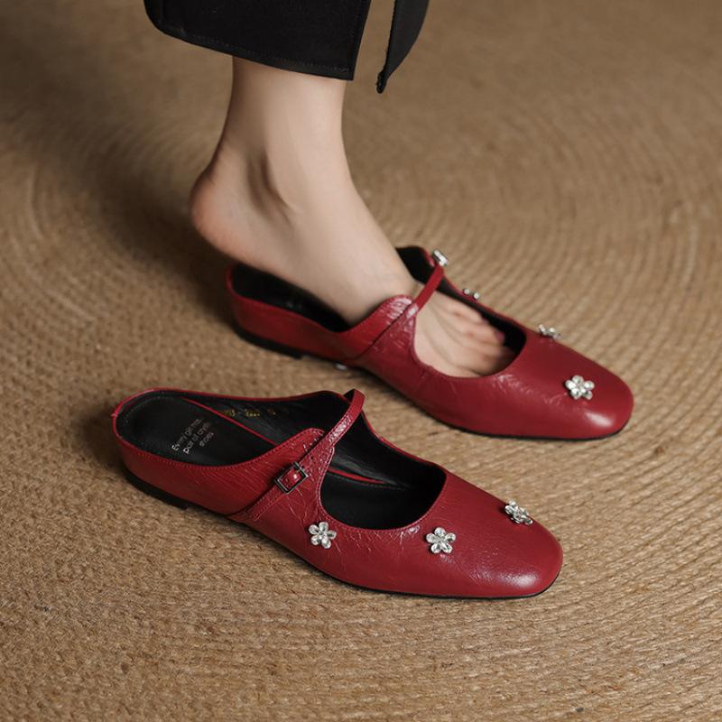 New Women's Flat-bottomed Slippers Summer One-pedal Slippers Beef Tendon Soft Sole Solid Color Leather Women's Shoes Casual Large Size Shoes