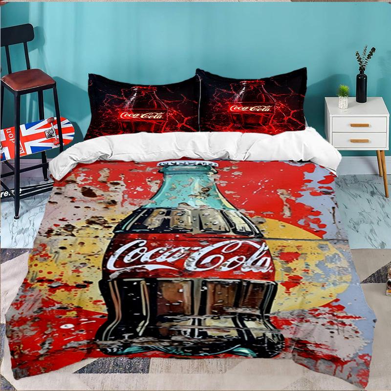 Coca-Cola Artwork Design 3-teiliges Bettwäsche-Set, Ideal für 1 Bettbezug und 2 Kissenbezüge, Perfekt als Geschenk für Fans, Ideal für Schlafzimmer, Studentenwohnheim