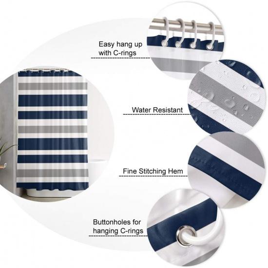 Striped Shower Curtain Navy Blue and Gray, Blue and White Striped Shower Curtain with Hooks for Bathroom Waterproof Bath Curtains for Home Hotel, 72"