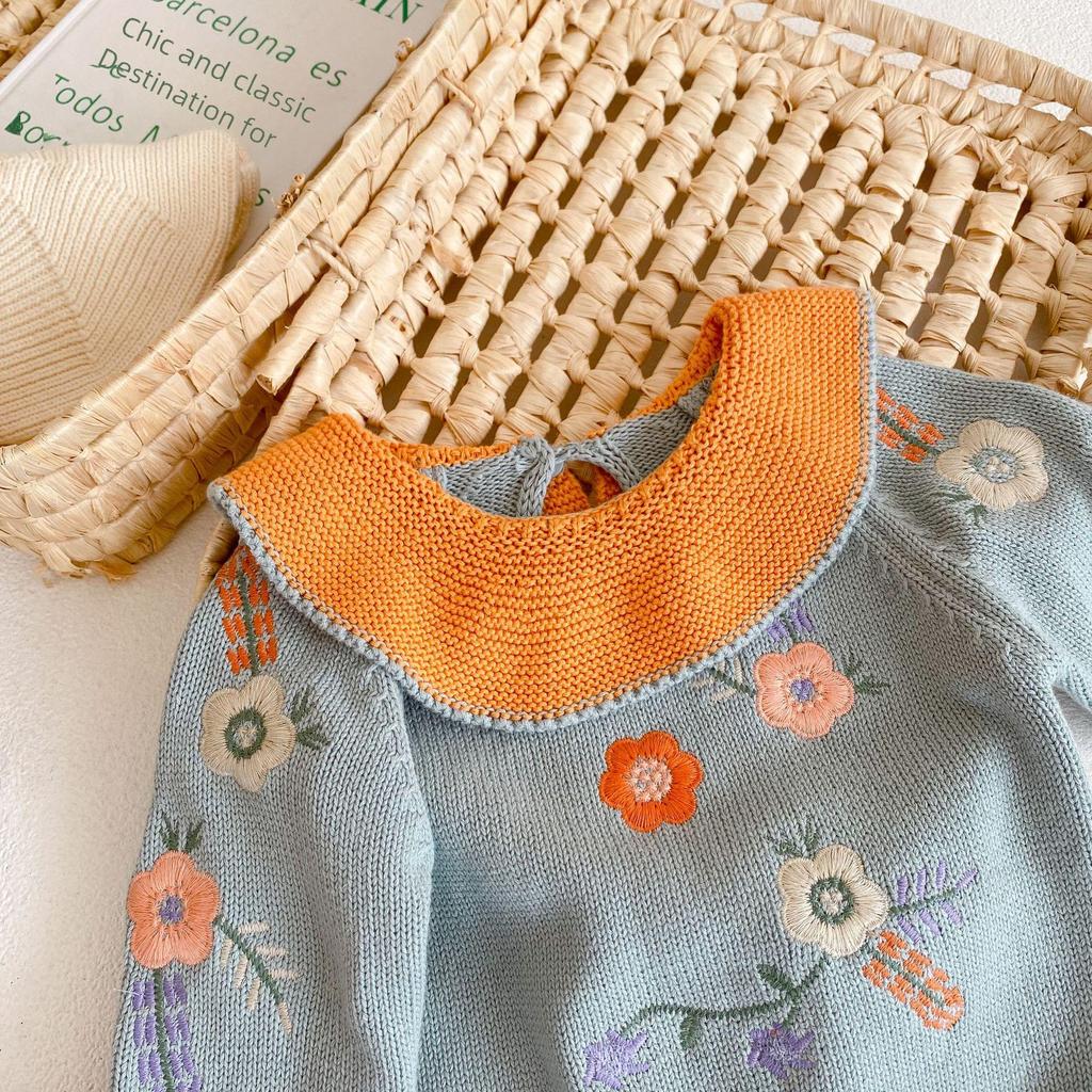 Autumn 2025 Baby Girl Knitted Top & Lace Pants Set with Embroidered Lotus Collar