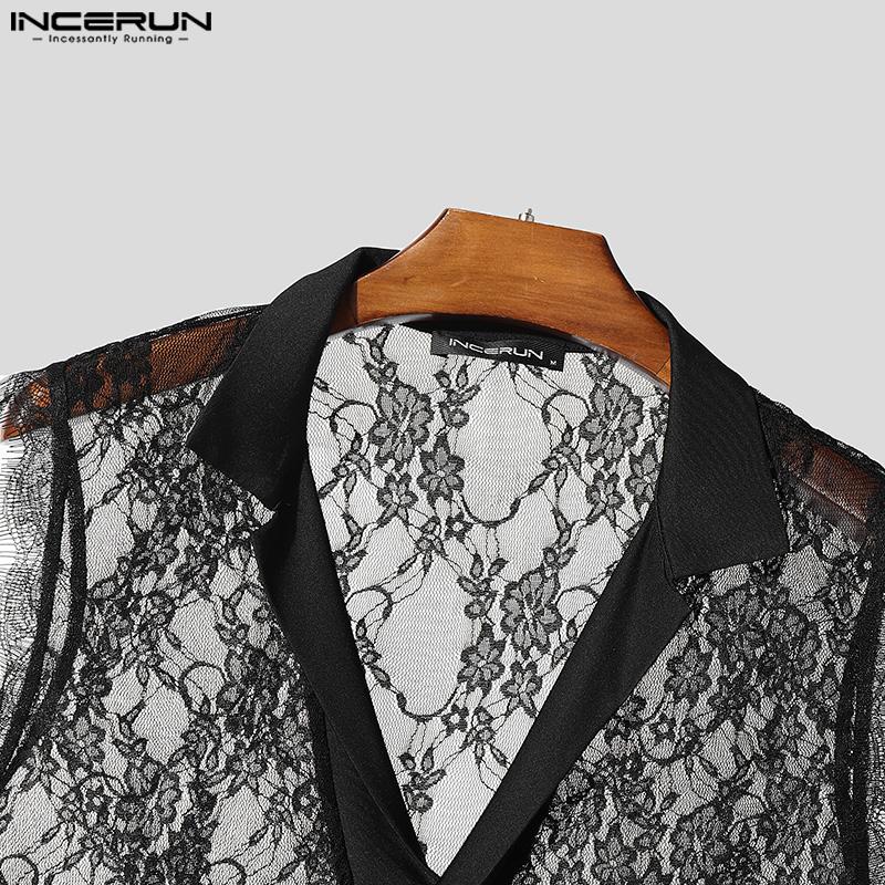 INCERUN Summer Men V Neck Sleeveless Patchwork Mesh Sheer Lace Tank Tops